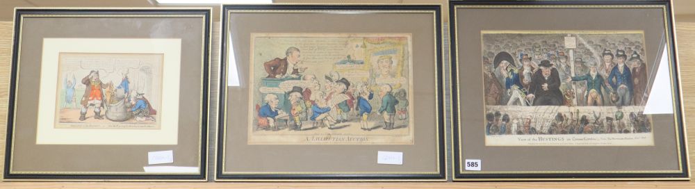 After James Gillray, View of the hustings in Covent Garden and Opening the Budget and after Cruickshank, largest 25.5 x 34cm